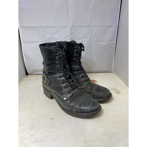Taos Womens Crave Boot Size 5 Black Leather Moto Lace Up Combat Bootie Lug Sole - Picture 1 of 13